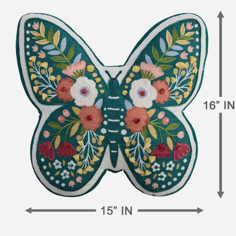 Floral Embroidered Accent Pillow Butterfly Shape 15 x 16 x 4 New With Tags Teal